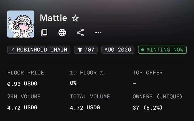 The image shows an OpenSea NFT collection page for "Mattie" on Robinhood Chain, displaying a floor price of 0.99 USDG, 24H volume of 4.72 USDG, and 37 unique owners. The post's frustration likely stems from the collection's extremely low metrics—particularly the tiny 4.72 USDG trading volume and floor price under $1—which suggest the NFT project has minimal value or activity, prompting the user to question its legitimacy and ask OpenSea to intervene.