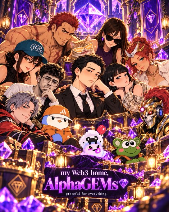 Promotional artwork for 'my Web3 home, AlphaGEMS, grateful for everything,' featuring a diverse group of anime-style characters gathered around glowing purple crystals and treasure chests.