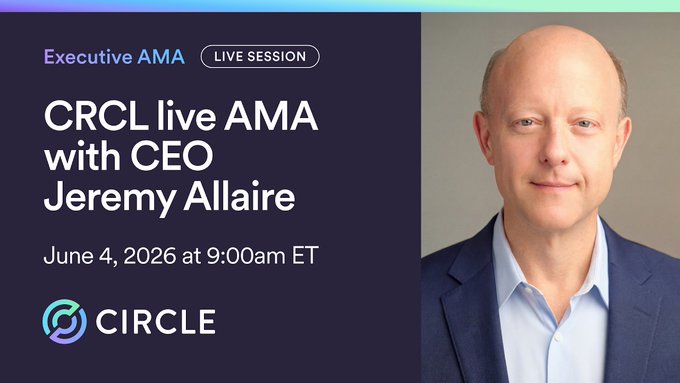 The image features a man wearing a suit, standing against a gray background with a purple border. The man appears to be balding and has a serious expression as he looks directly at the camera. In front of him, there's a poster or banner that says "Execute AMA Live Session" in white text on a blue background. Below this, there is a description of the event, which reads: "June 4, 2026 at 9:00AM ET. Circle CEO @jerallaire will host an AMA from 9:00-9:45 AM. Set a reminder. We'll open for questions at 8:45 AM." The man's expression and the serious nature of his gaze suggest that he is delivering important information or discussing critical topics during this live session.