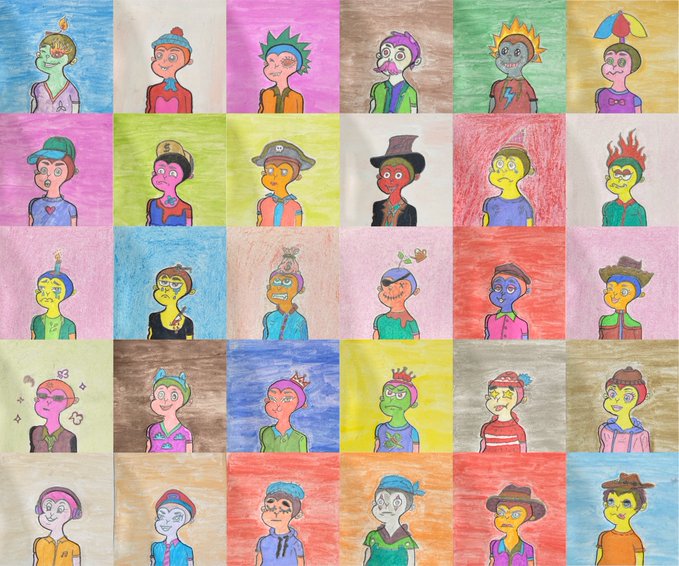 A grid of 30 hand-drawn cartoon character portraits with vibrant colored backgrounds, representing the 250 unique 1/1 collectibles from the @ChimpsterzZ Supply NFT collection available for collaboration.