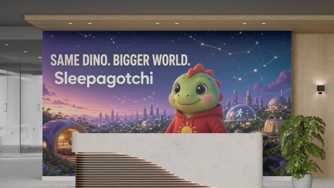 A modern office reception area with a large wall mural advertising 'Sleepagotchi' with the tagline 'SAME DINO. BIGGER WORLD.' featuring a green dinosaur character in a red hoodie against a starry cityscape.