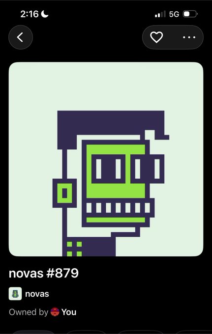 A mobile app screenshot displaying an NFT-style digital art piece labeled "novas #879" owned by the user, featuring a pixelated purple and green robot-like character.