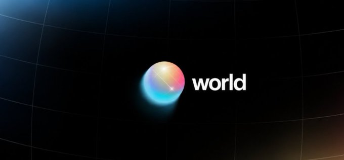 A dark background featuring a colorful iridescent sphere next to the word 'world' in white lowercase text, representing what appears to be Worldcoin's logo.