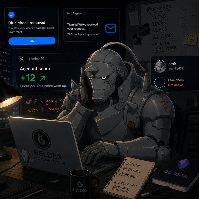 An illustration of an armored, spiked character at a laptop with 'BELDEX' branding, surrounded by social media notifications including 'Blue check removed,' 'Account score +12,' and X/Twitter support messages, with handwritten notes about privacy.