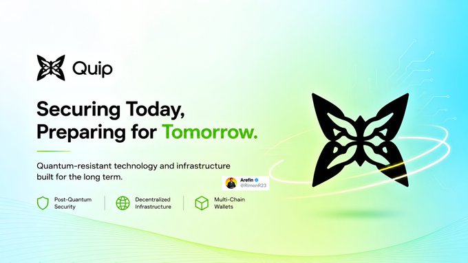 The image shows a banner with an illustration of a butterfly set against blue, yellow, and green backgrounds. Below the butterfly is text that reads "Security rarely gets the same attention as new narratives", indicating a connection between the butterfly theme and security themes in this image. The text also mentions "quip" being part of the ecosystem, possibly referring to the Quip Network. Additional information about "quip" can be found on a post by @quipnetwork that emphasizes the importance of considering "security when building for the long term".