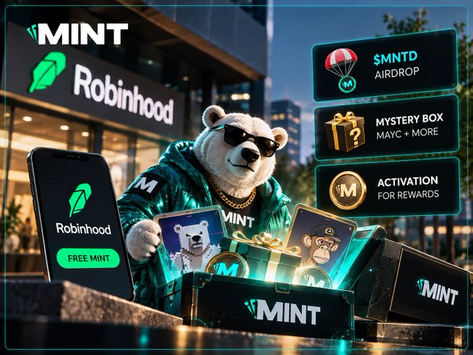 A promotional graphic for 'MINT' featuring a bear in a green jacket and sunglasses, with a phone showing 'Robinhood FREE MINT', and side panels advertising '$MNTD AIRDROP', 'MYSTERY BOX MAYC + MORE', and 'ACTIVATION FOR REWARDS'.