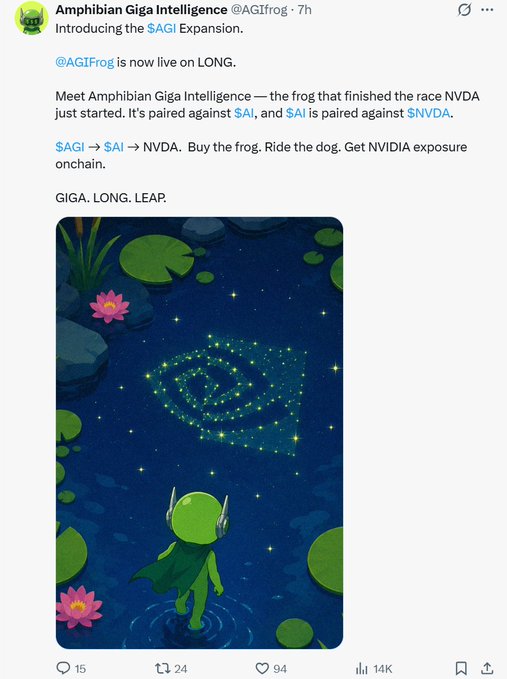 The image shows a Twitter/X post from "Amphibian Giga Intelligence" (@AGIfrog) introducing the "$AGI Expansion" on LONG, featuring a whimsical illustration of a green frog with a cape and headphones standing on a lily pad beneath a starry pond. The post promotes @AGIfrog being "paired against $AI, and $AI is paired against $NVDA," with the tagline "GIGA. LONG. LEAP." relating to the accompanying message about drawing attention to $AGI.