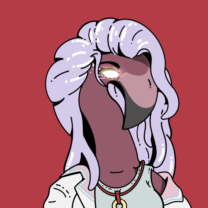 A stylized cartoon portrait of a character with flowing white hair, a bird-like face, and a glowing yellow eye against a solid red background.