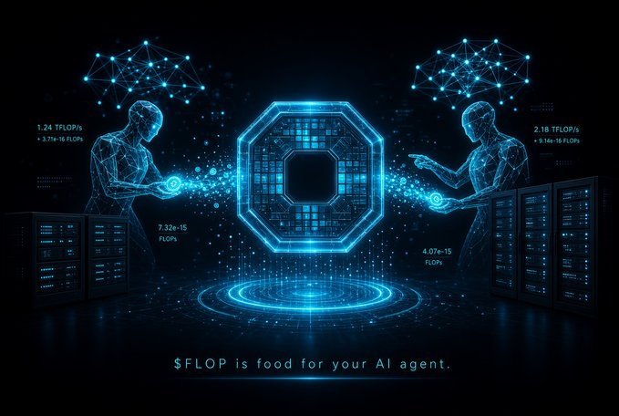 A digital graphic depicts two humanoid figures interacting with a glowing blue octagonal structure, with floating text including '1.24 TFLOP/s' and '$FLOP is food for your AI agent.'