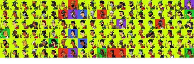 A pixel art pattern of various character sprites in a green and multi-colored tiled layout.