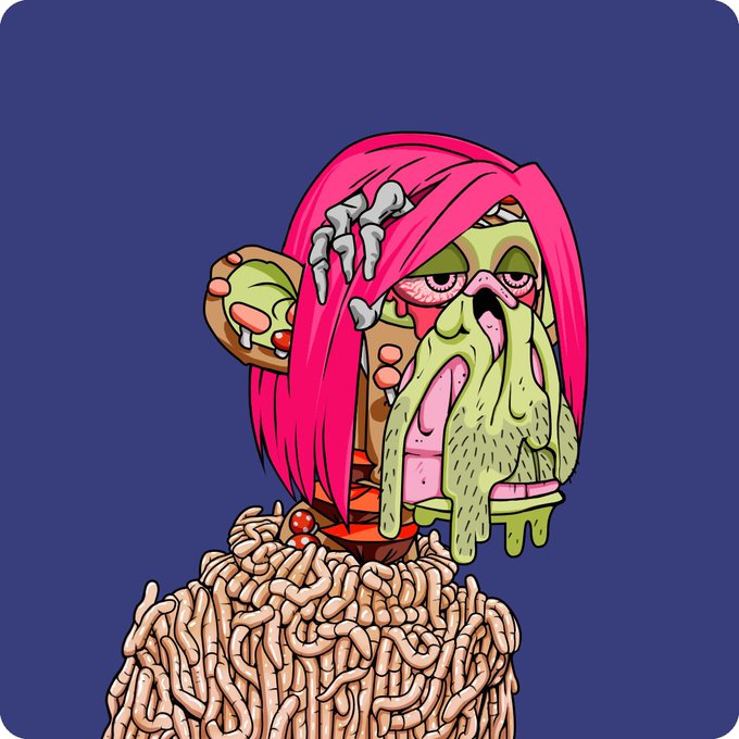 An illustration of a grotesque, green-skinned cartoon character with long pink hair sitting on a tangled mass of noodles or intestines against a dark blue background.