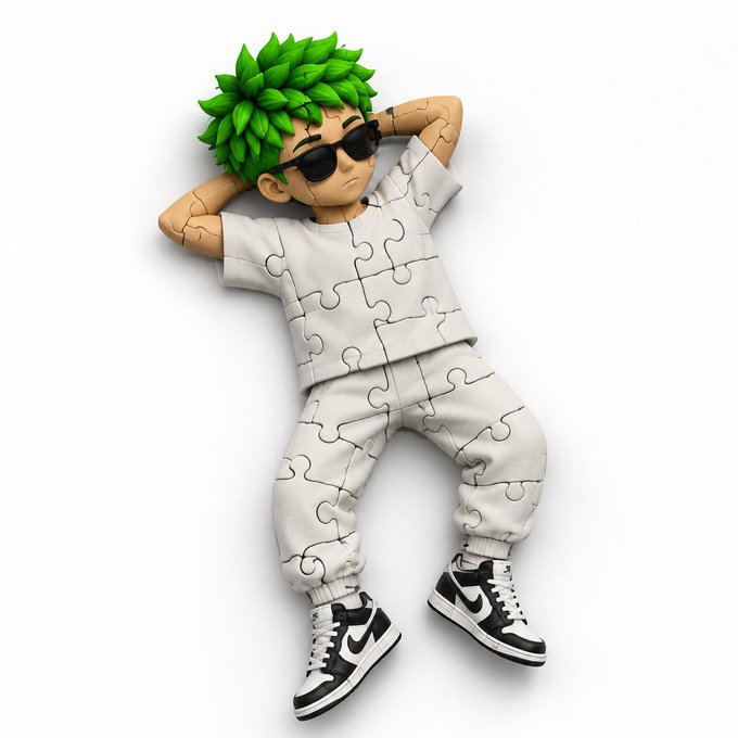 A relaxed 3D-style cartoon character with green spiky hair, sunglasses, and Nike sneakers lies casually in an outfit made entirely of puzzle pieces. The puzzle-piece design cleverly mirrors the concept of "piecing together" or breaking down Digital Credit, tying into the post's discussion of how Apyx Fi brings this concept onchain.