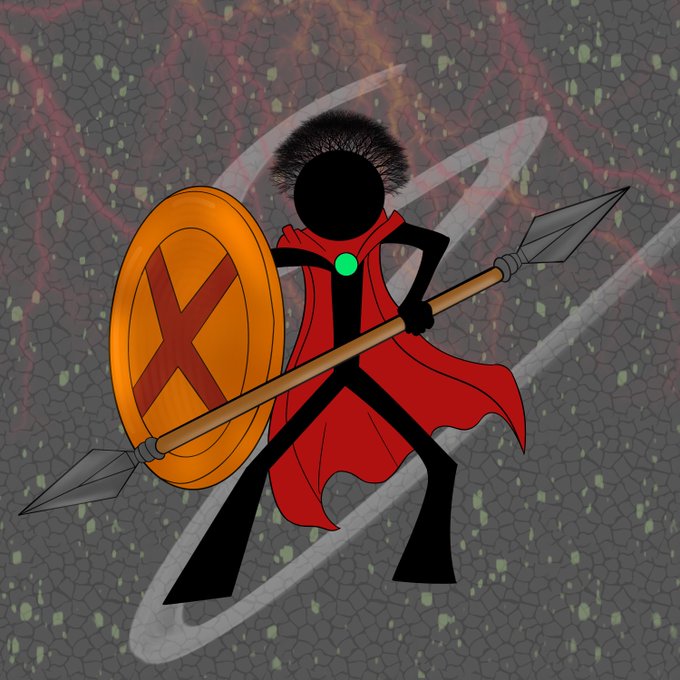 A cartoon warrior figure in a red cape holds a golden shield with a red "X" and a spear, standing in a battle-ready stance against a dark cosmic background. The image appears unrelated to the post, which discusses wallet uploads to OpenSea and a 10% allowance for accepted late requests, suggesting the warrior graphic is simply an avatar or branding element rather than content tied to the wallet announcement.