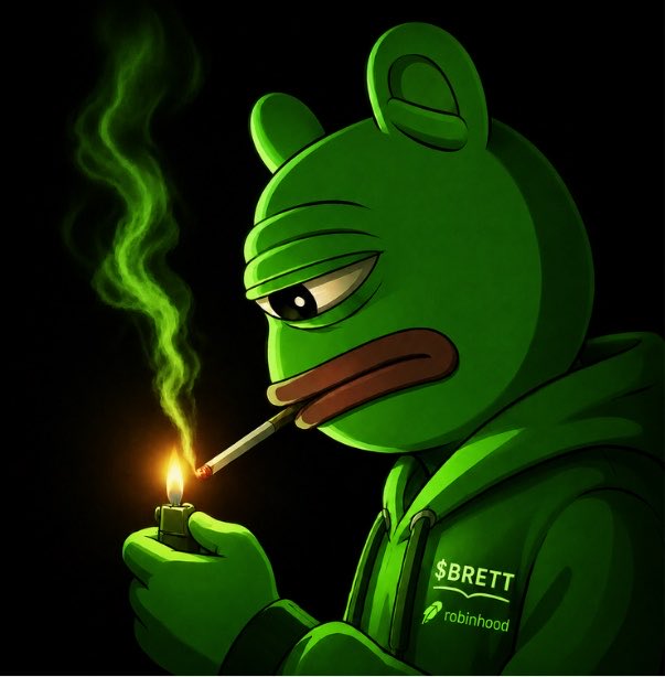 Digital artwork of a green anthropomorphic frog character wearing a hoodie labeled '$BRETT robinhood', smoking a cigarette while holding a lighter that produces green smoke.