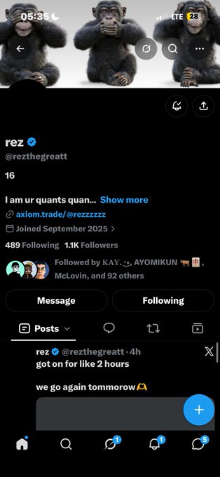 A screenshot of the X (Twitter) profile for verified user "rez" (@rezthegreatt), showing follower counts of 489K, a recent post about "quants," and a header image of three monkeys covering their ears, eyes, and mouth.