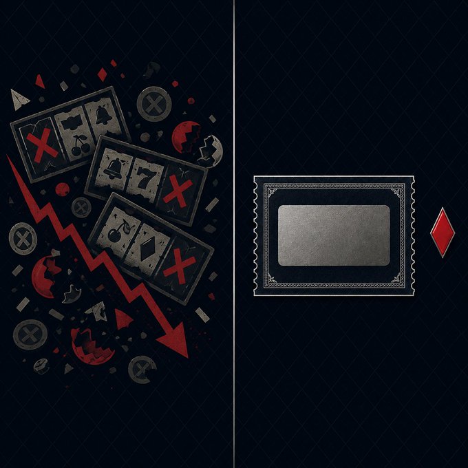A stylized graphic divided into two panels; the left panel features slot machine symbols like bells and cherries with a downward-pointing red lightning arrow, while the right panel shows a blank metallic label with a small red diamond.