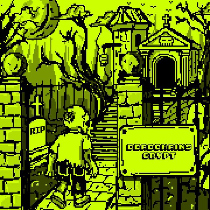 A pixelated, monochromatic green title screen depicting a zombie standing before a graveyard with a mausoleum and tombstone reading "RIP," alongside a stone plaque labeled "DEADCHAINS CRYPT." The spooky artwork serves as branding for the "@Deadchains" crypto promotion announced in the post, which advertises a 5x guaranteed giveaway and asks followers to drop their wallet addresses.