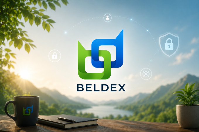 A digital marketing graphic featuring the 'BELDEX' logo with green and blue interlocking shapes, displayed against a scenic mountain landscape with a coffee mug and notebook in the foreground.
