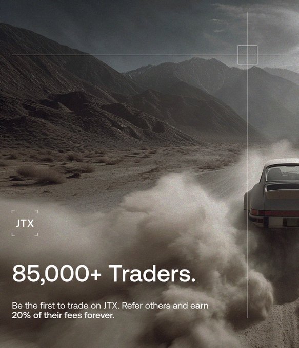 The image shows a car driving through a desert landscape with mountains in the background, creating an impression of dust clouds from the vehicle's tires. The text "JTX 5,000+ Traders" is displayed above the scene, indicating that this is related to trading or investing in the stock market. The post also mentions that there are 20% off on trading options for those who invest in JTX.