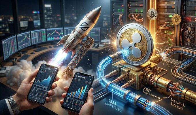A digital illustration shows a rocket launching past trading screens displaying "XLM/USD" and "XRP/USD" charts, with a glowing XRP coin connected to futuristic circuitry labeled "XLM Stellar Data" and "Network Breach," visually capturing the post's question about Stellar's potential to overtake XRP.