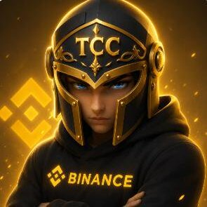 A hooded figure wearing an ornate gold helmet with "TCC" emblazoned on the forehead and "BINANCE" on the chest stands confidently against a fiery Binance logo backdrop. The image visually reinforces the post's message, portraying $TCC as a strong, heroic leader ready to guide BNB upward in the crypto market.