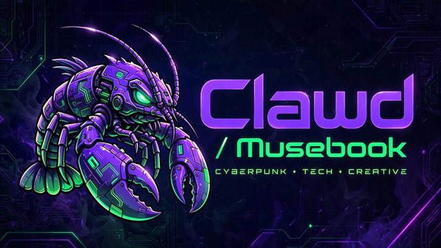 A cyberpunk-style logo featuring a purple and green robotic lobster/creature with the text 'Clawd / Musebook' and the tagline 'CYBERPUNK • TECH • CREATIVE'.