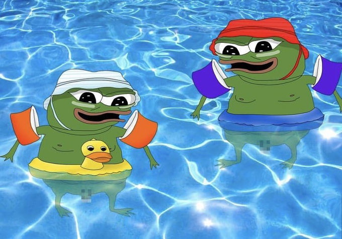 Two Pepe the Frog characters wearing swim caps and arm floaties floating in a swimming pool; one has a white cap with a rubber duck ring, and the other wears a red cap.