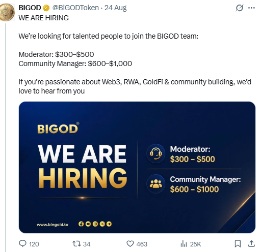 A tweet from @BIGODToken announces two job openings—Moderator ($300–$500/month) and Community Manager ($600–$1000/month)—for those passionate about Web3, RWA, and GoldFi, aligning with the post's call for stable web3 gigs to supplement income.