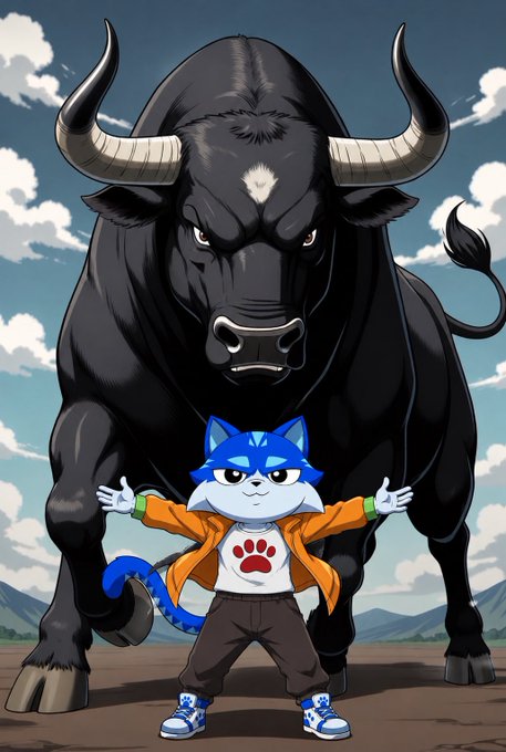 A stylized illustration of a small blue cat-like anime character in an orange jacket standing confidently in front of a massive black bull.