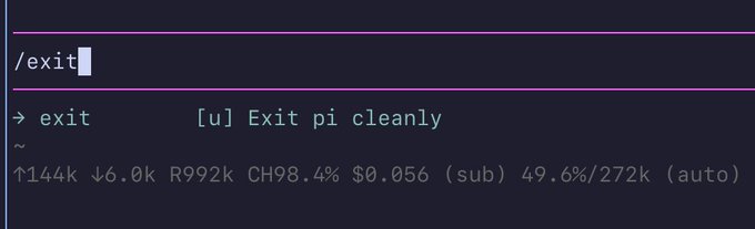 Terminal screen showing the command '/exit' with the description '[u] Exit pi cleanly' and status indicators including CH98.4%, $0.056, and temperatures.