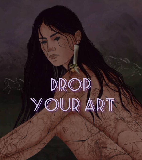 The image features a woman with long hair, wearing earrings, sitting down and looking at her reflection in a mirror. The background of the image is dark purple, which contrasts with the woman's appearance. Overlaying this scene is text that reads "DROP YOUR ART" in white letters.