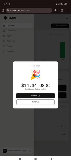 A mobile screenshot of the PayBox dashboard showing a pop-up for a $14.34 USDC drop to a Solana wallet, with buttons to share on X or continue.