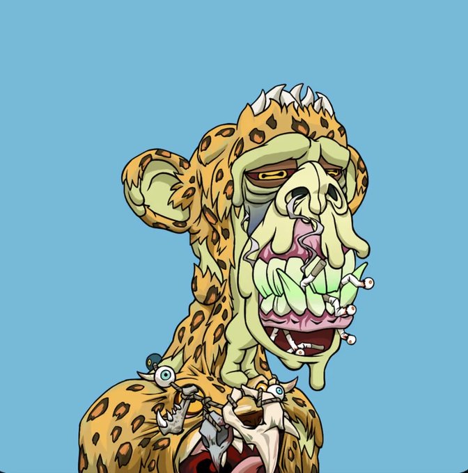 Cartoon illustration of a grotesque cheetah character with green drool and a small snail on its back against a blue background.