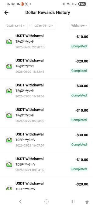 The image features a phone screen displaying several USDT transactions, showcasing the user's history of winning USDT payments. There are ten transactions shown across various dates within the past year. The text on the screen reads "Dollar Rewards History", indicating that the user has been rewarded with Bitcoin over time. Some transactions have completed successfully and others haven't, creating a dynamic table view of the user's gains from USDT.