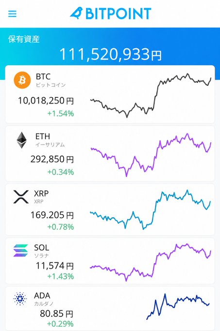 A BITPOINT cryptocurrency portfolio screenshot showing total holdings of 111,520,933 JPY, with BTC at 10,018,250 JPY (+1.54%), ETH at 292,850 JPY (+0.34%), XRP at 169.205 JPY (+0.78%), SOL at 11,574 JPY (+1.43%), and ADA at 80.85 JPY (+0.29%), each accompanied by line charts.