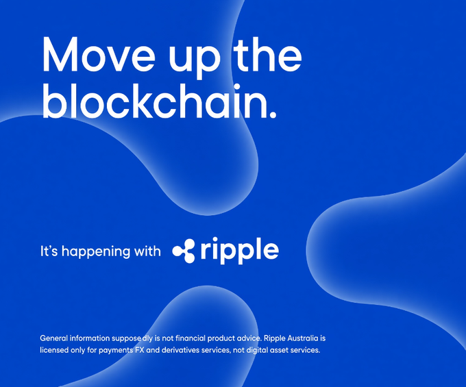 A blue promotional advertisement for Ripple with the text 'Move up the blockchain. It's happening with ripple', noting that Ripple Australia is licensed only for payments FX and derivatives services.