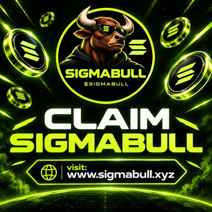 The image is a vibrant promotional graphic for "SIGMABULL" featuring a cool bull mascot wearing sunglasses within a circular logo, surrounded by floating neon green coin tokens against a cosmic background. Bold text reads "CLAIM SIGMABULL" with the website "www.sigmabull.xyz" displayed at the bottom, directly supporting the post's call to action for a 500,000 $SIGMABULL airdrop and presale.
