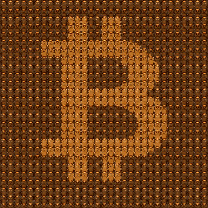 The image features a large, intricate design composed of small brown squares that resemble the Bitcoin symbol. The Bitcoin symbol consists of a single letter "B" surrounded by smaller square blocks, creating an interesting pattern. The text accompanying the image reads "$Bitcoin ₿ At first glance $GRIZZY". This means that at first glance, the Bitcoin symbol is visible in its original form, but upon closer inspection, it appears to be made up of small squares or blocks, giving it a unique and intriguing appearance.