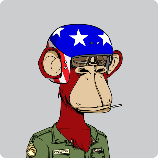 The image features a cartoon monkey wearing sunglasses, a helmet with stars, and a military uniform. The monkey appears to be smoking a cigarette while standing against a gray background. The caption of the image reads "Ape #1085 Bought for 9.5 ETH 0xd7ad...f388 0xfd73...6464 etherscan.io/tx/0xd293796aa ... Return to Monke: opensea.io/collection/bor".