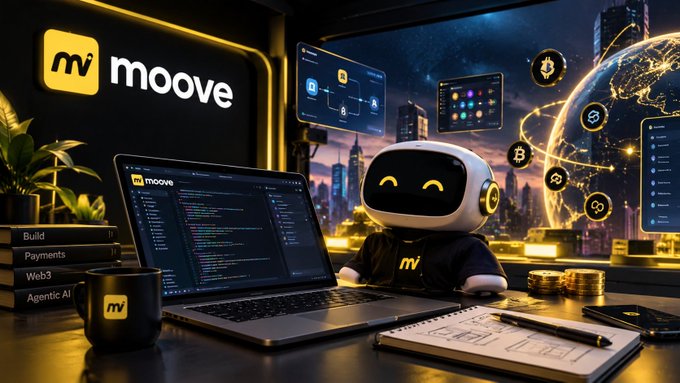 A promotional graphic for 'moove' features a robot mascot working on a laptop surrounded by floating cryptocurrency coins and code.