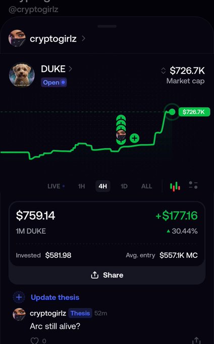 A trading app screen from 'cryptogirlz' showing a token called DUKE with a market cap of $726.7K and a price of $759.14 with a +30.44% gain, with a post asking 'Arc still alive?'
