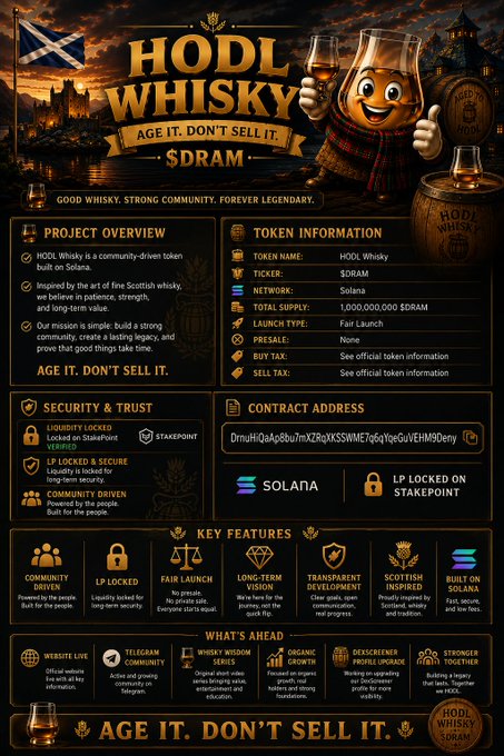 A promotional infographic for HODL Whisky ($DRAM), a community-driven Solana token with a 1,000,000,000 total supply, featuring sections on project overview, security (LP locked on StakePoint), contract address, key features, and community channels, accompanied by a cartoon whisky barrel mascot wearing a kilt and holding a dram. The tagline "Age it. Don't Sell it." reinforces the post's message of long-term holding and patience-driven community building.
