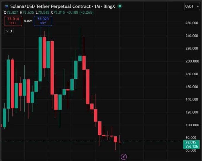 A cryptocurrency trading chart for Solana/USD Tether Perpetual Contract on BingX, displaying monthly candlesticks showing a significant decline with prices around 73.015 USDT.