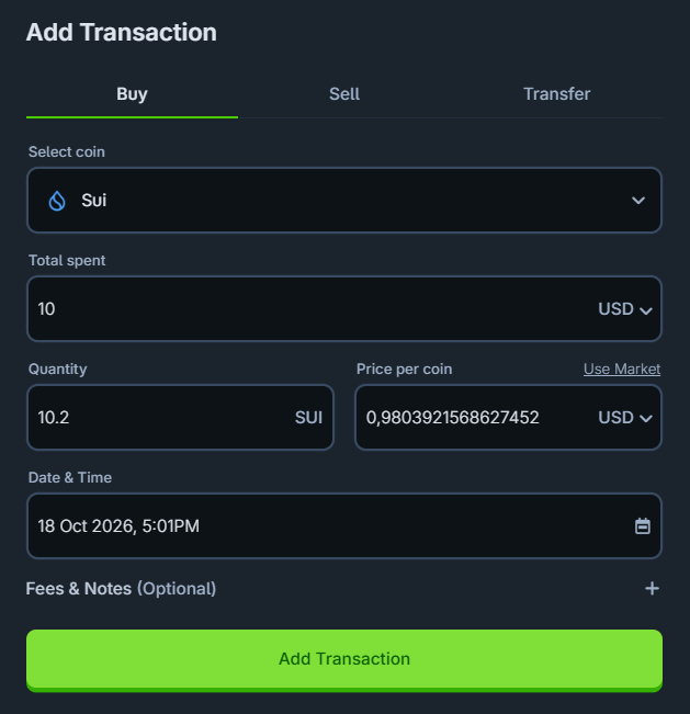 A dark-themed mobile app interface for adding a cryptocurrency transaction, showing a Buy order for 10.2 SUI coins at $0.98 per coin on 18 Oct 2026, 5:01 PM, with a green 'Add Transaction' button.