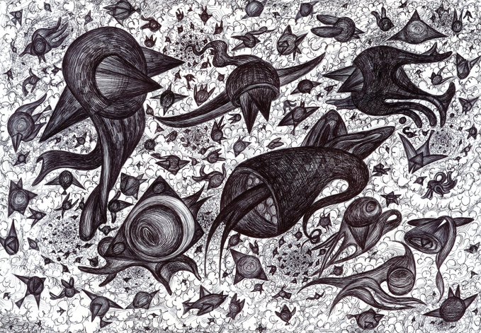 A detailed black-and-white ink illustration depicting various surreal, stylized fish and sea creatures swimming among swirling patterns.