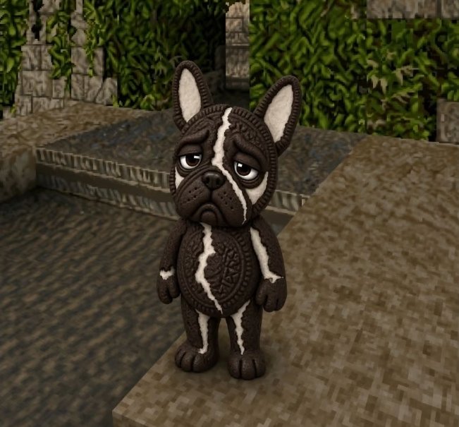A 3D render of a brown Boston Terrier figurine made of chocolate cookies and cream, standing on a stone ledge in front of foliage and brick walls.