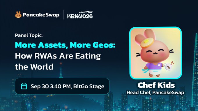 A PancakeSwap promotional graphic for KBW2026 announces Chef Kids (Head Chef of PancakeSwap) joining the "More Assets, More Geos: How RWAs Are Eating the World" panel on September 30 at 3:40 PM on the BitGo Stage. The image features PancakeSwap's bunny mascot and aligns with the post's message about the growing adoption of tokenized real-world assets on the platform.