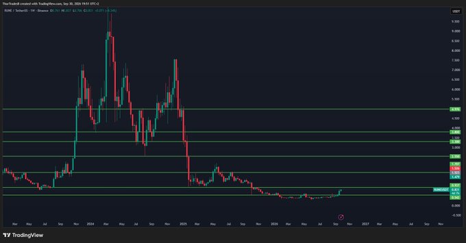 A TradingView stock chart for the ticker RAVN (Ravencoin) displayed on a daily timeframe, showing price action from September 2023 to July 2026 with current price around 0.01599.