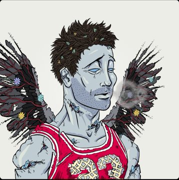 Illustration of a pale, stitched character with spiky brown hair and dark, feathered wings, wearing a red jersey with gold lettering.