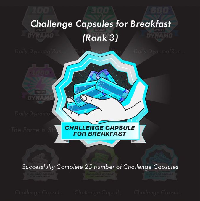 A game achievement screen titled 'Challenge Capsules for Breakfast (Rank 3)' featuring a badge of a hand holding blue capsules, requiring the successful completion of 25 Challenge Capsules.